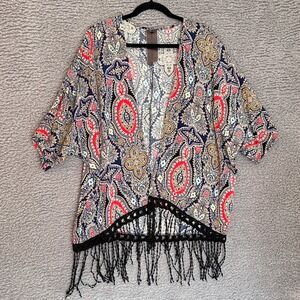 Boho Paisley Kimono Women's Large Crochet Fringe Open Front Cover Up Multicolor